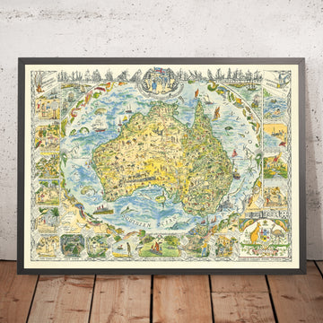 Large Pictorial Map of Australia by Spilhaus, 1929: Captain Cook 1770, Canberra 1927, Sydney, Melbourne, Perth
