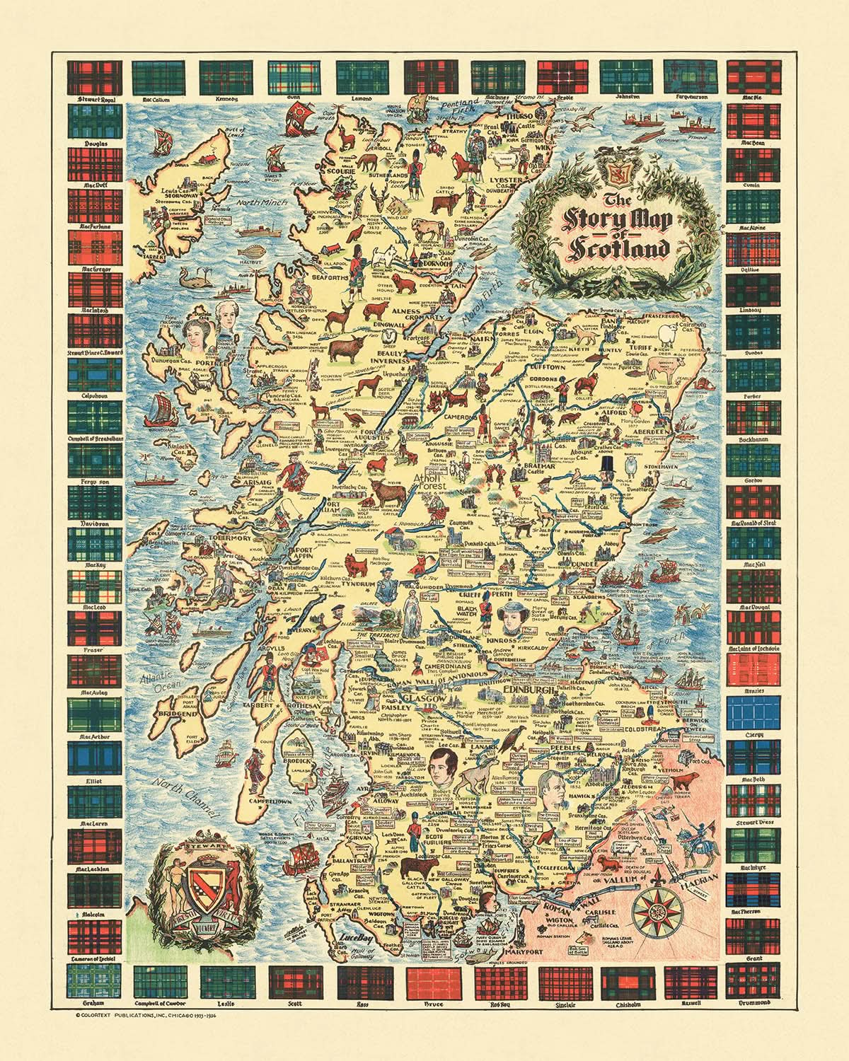 Mapa ilustrado antiguo de Escocia, 1935: Edimburgo, Glasgow, castillos, tartanes y personajes históricos