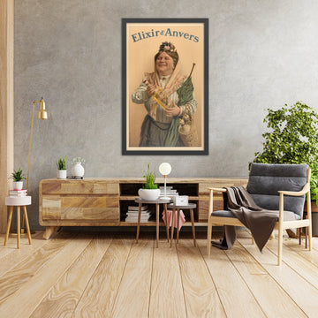 A framed image of Elixir d’Anvers Vintage Liqueur Poster by Gérard Portielje, 1910