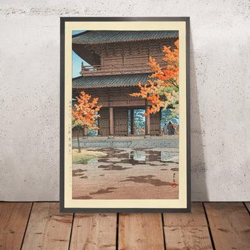 Une image encadrée du temple Nanzen-ji en automne, Kyoto, par Hasui Kawase, 1935