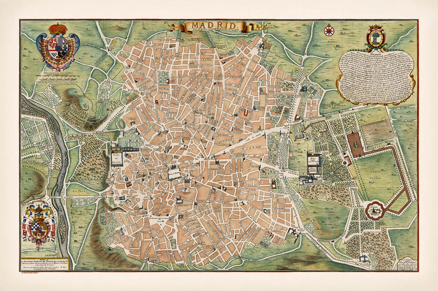 Old Map of Madrid by de Fer, 1705: Royal Palace, Calle Mayor, Campo Grande, Coats of Arms, Churches