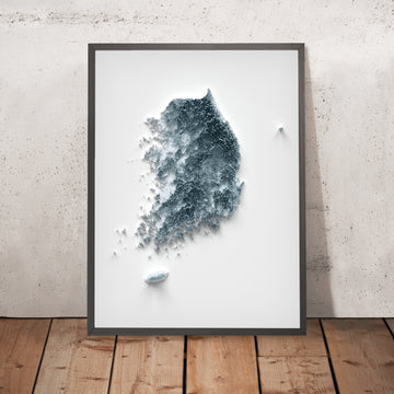 A framed image of a 3D style topographic relief map ofSouth Korea