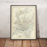 Ancienne carte de Cincinnati par Cram, 1911 : Ohio River, Mill Creek RR, Vine St, Liberty St, Clifton Ave 