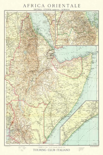 Old Map of East Africa by Touring Club Italiano, 1936: Addis Ababa, Mogadishu, Red Sea, Railways, Inset Maps