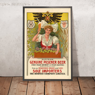 A framed image of Austrian Genuine Pilsener Vintage Beer Poster by Theodor Zasche, 1910