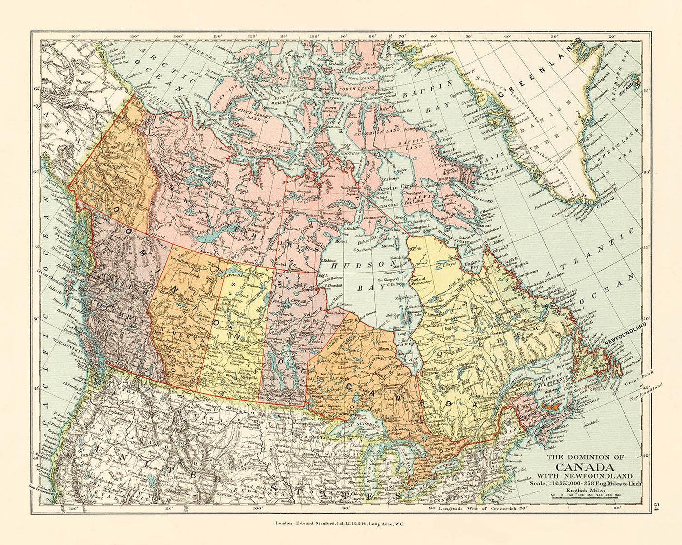 Old Map of Canada by Stanford, 1926: Toronto, Hudson Bay, Railways