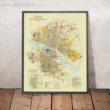 Old Map of Paris in Medieval Times: 14th Century Notre Dame, Louvre Fortress, Bastille, Sorbonne, Hundred Years’ War