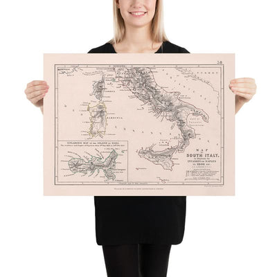 Mapa militar antiguo de la invasión de Nápoles por Napoleón, 1806: Nápoles, Roma, Elba, Sicilia, Calabria