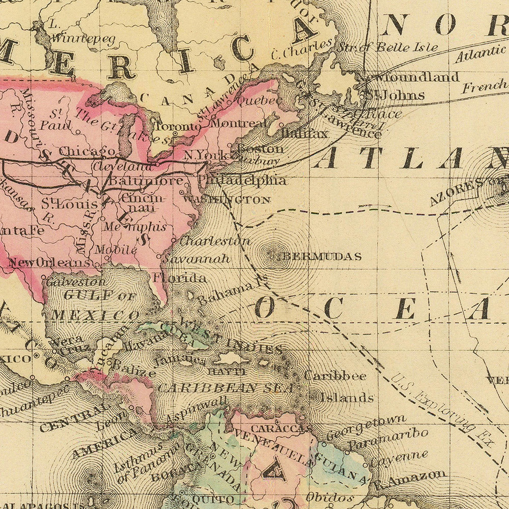 Old Mercator World Map Centered on America by Mitchell, 1882