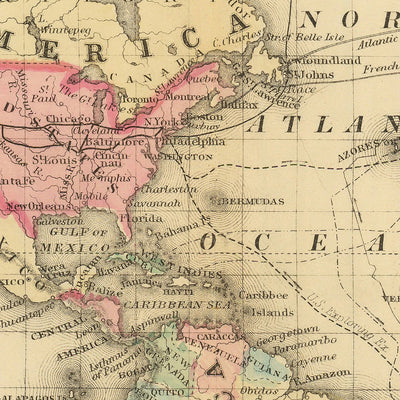Old Mercator World Map Centered on America by Mitchell, 1882