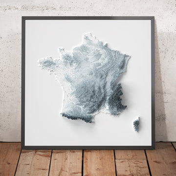 A framed image of a 3D style topographic relief map ofFrance