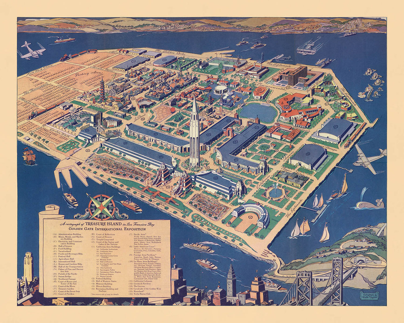 Old Map of Treasure Island & the Golden Gate International Exposition1939: Tower of the Sun, Court of the Seven Seas, California Building, Bay Bridge, San Francisco