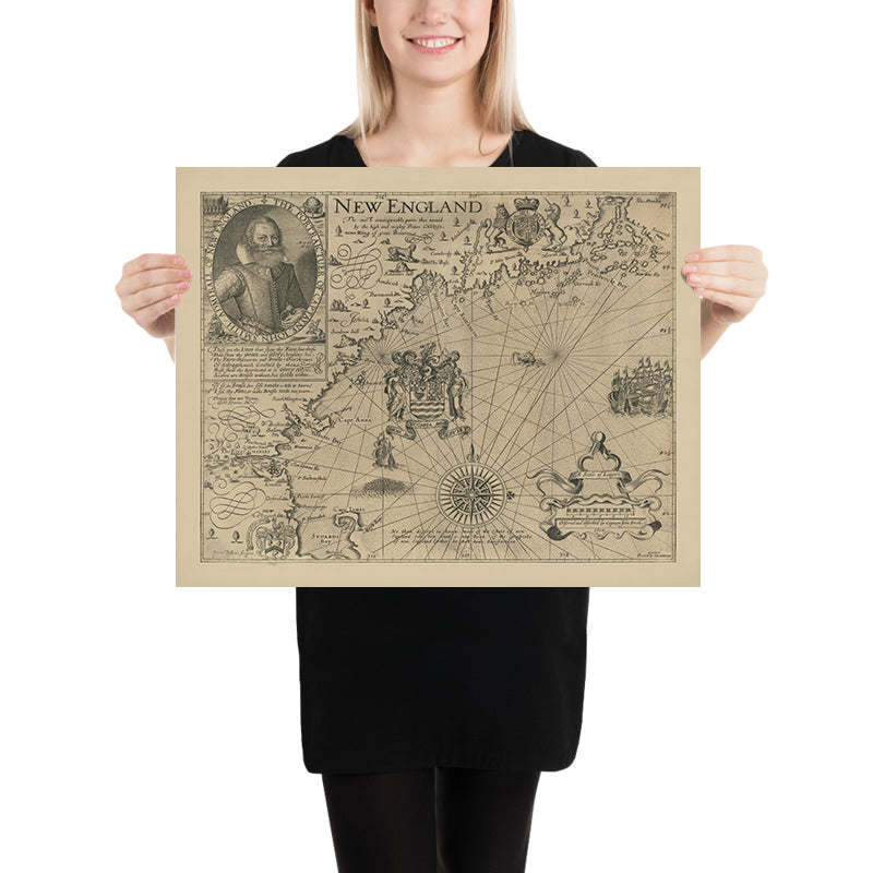 First Map of New England by John Smith, 1616: Boston, Plymouth, Cape Ann, Ornate Baroque Design