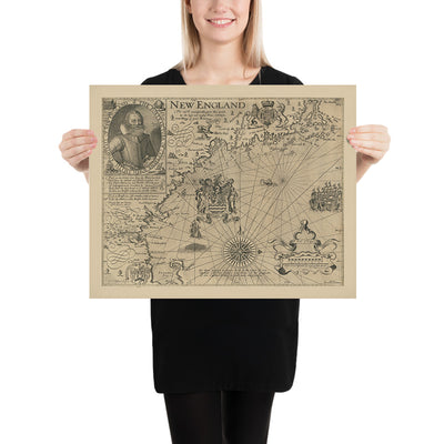 First Map of New England by John Smith, 1616: Boston, Plymouth, Cape Ann, Ornate Baroque Design