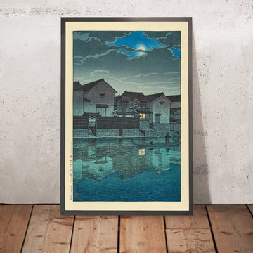 A framed image of Hazy Moon at Matsue in Izumo by Hasui Kawase 1935