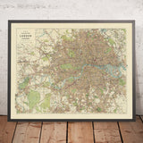 Alte edwardianische Straßenkarte von London von Bacon, 1910: Themse, Westminster, Hyde Park, Regent’s Park, Kew & Richmond Park 