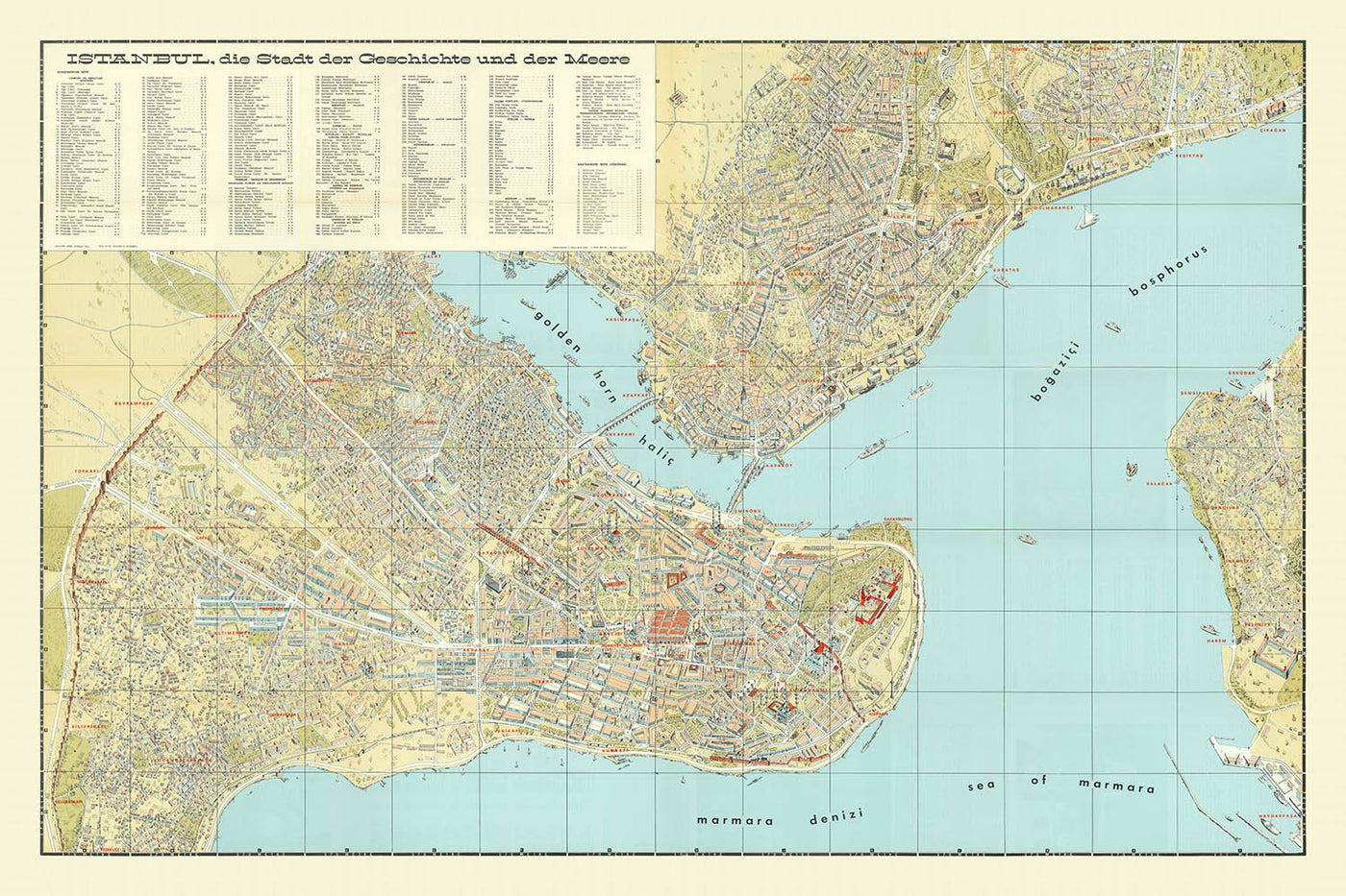 Large Old Map of Istanbul by Özden, 1966: Bird's Eye View, Hagia Sophia, Topkapi, Blue Mosque, Bosphorus