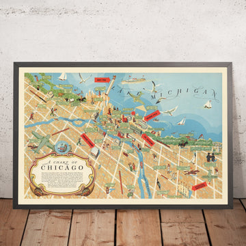 Old Pictorial Map of Chicago, 1945: The Loop, Navy Pier, Chicago River, Field Museum, Soldier Field
