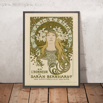 A framed image of In Honour of Sarah Bernhardt: Her Admirers and Friends by Alphonse Mucha, 1896