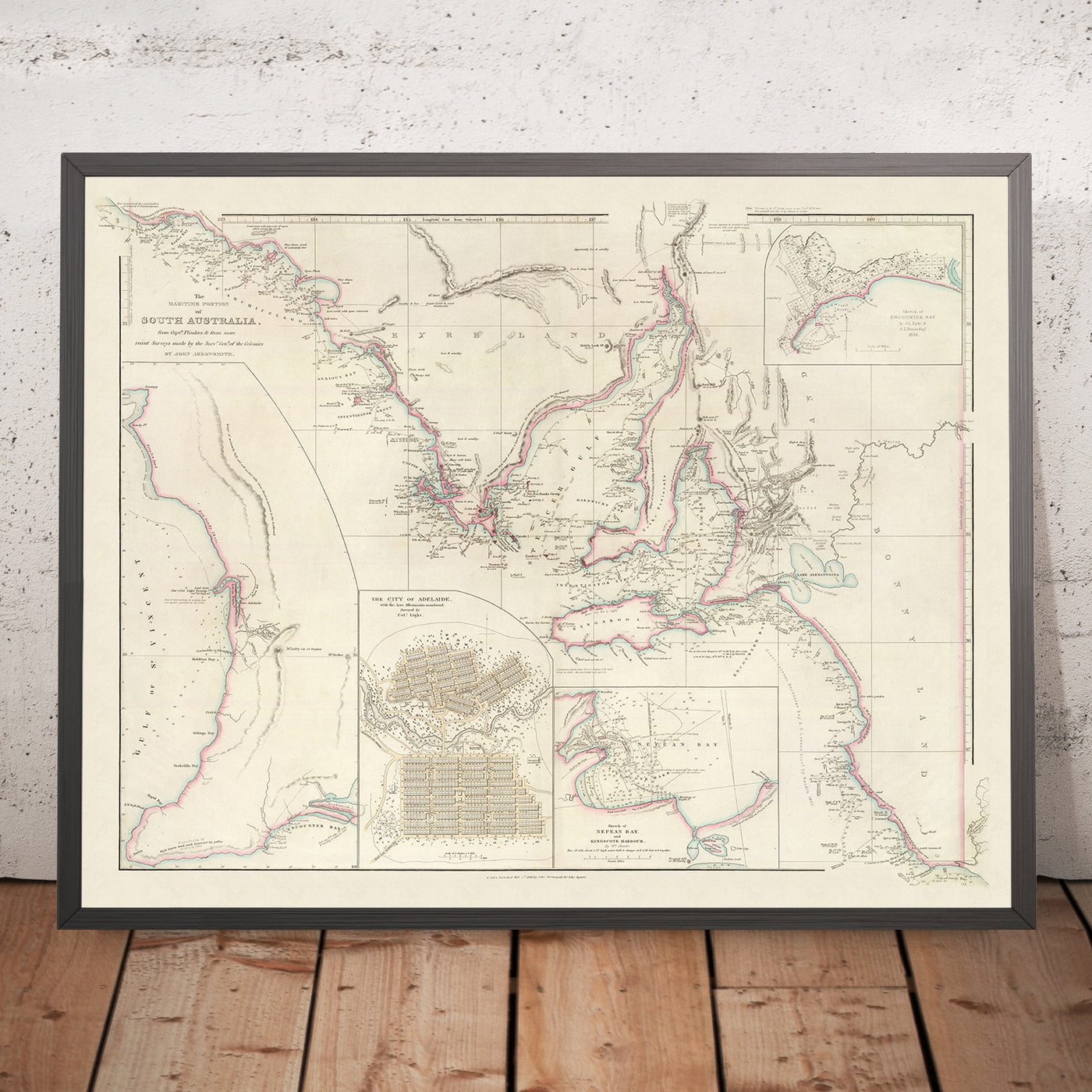 Old South Australia Nautical Chart by Arrowsmith, 1844: Adelaide, Gulf of St. Vincent, Nepean Bay