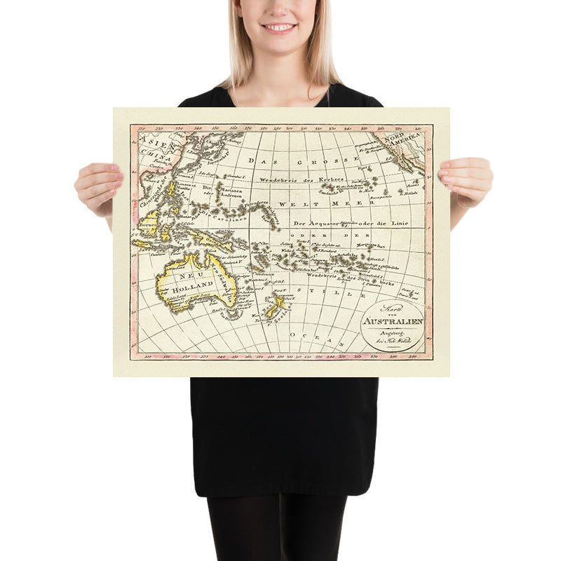 Mappa antica del Pacifico di Walch, 1817: Australia, prime coste, esplorazione europea 