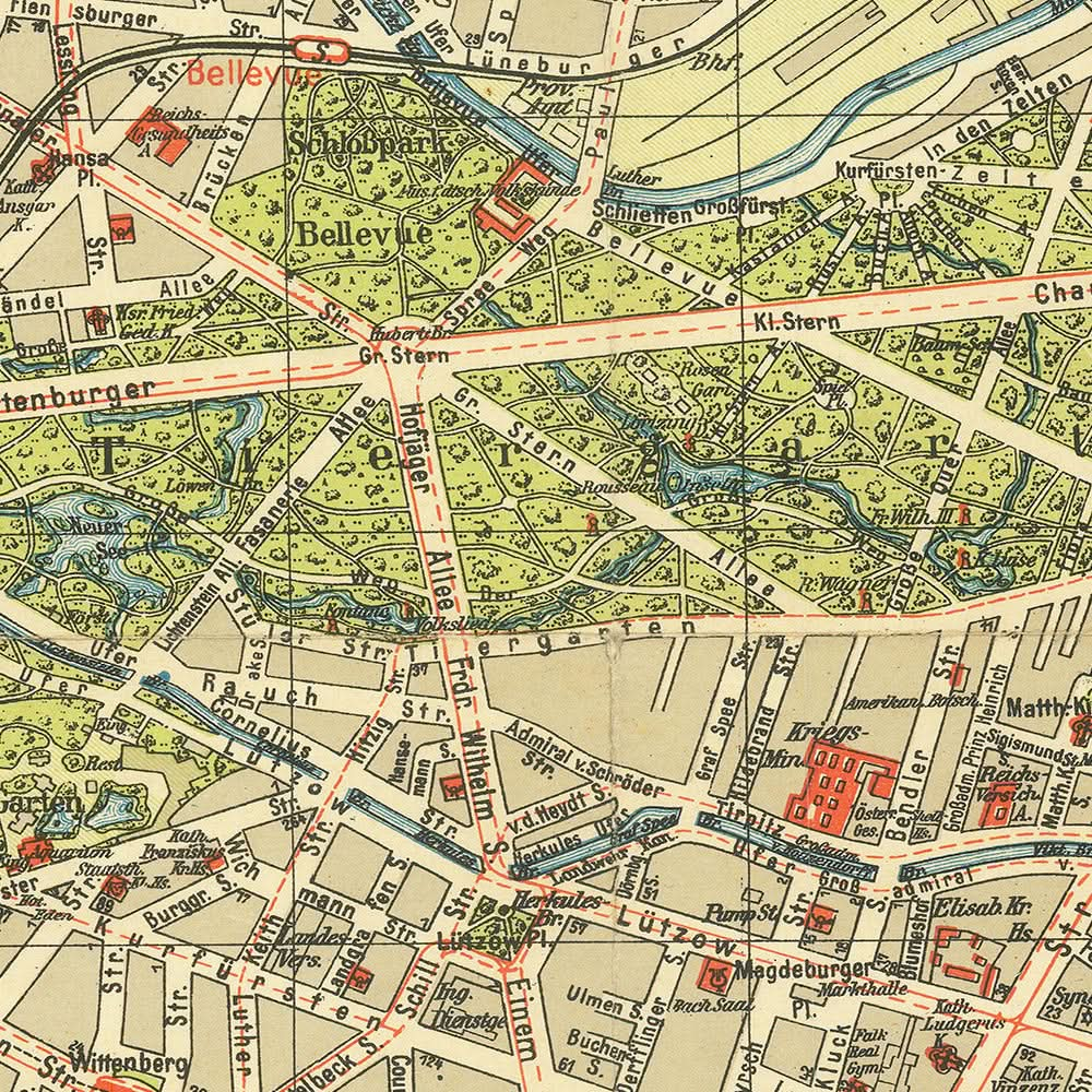 Mapa antiguo de Berlín de Stilke, 1936: Estadio Olímpico, Grunewald, Tiergarten, Kurfürstendamm, Unter den Linden.