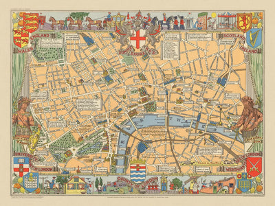 Alte Bildkarte von London von Bullock, 1938: Tower of London, St. Paul's, Westminster, Hyde Park, Themse.