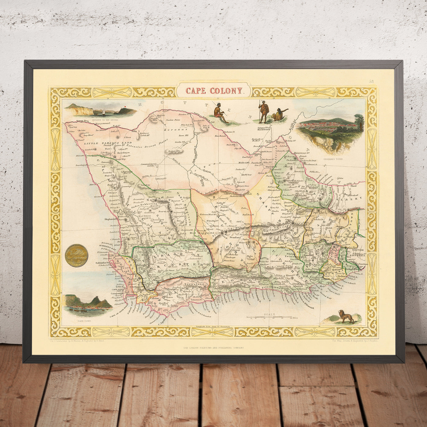 Old Map of Cape Colony (South Africa) by Tallis, 1851: Cape Town, Table Mountain, Knysna, Algoa Bay, Great Karroo