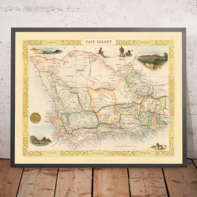 Old Map of Cape Colony (South Africa) by Tallis, 1851: Cape Town, Table Mountain, Knysna, Algoa Bay, Great Karroo