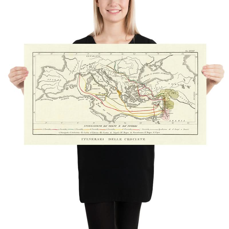 Mapa antiguo de las Cruzadas de Marmocchi, 1838: rutas, Jerusalén, Antioquía, Constantinopla, Hungría