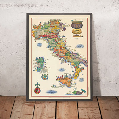 Mapa pictórico antiguo de Italia, 1976: Roma, Venecia, Mar Tirreno, regiones vinícolas, ilustraciones míticas