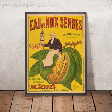 A framed image of Eau de Noix Serres Vintage Liqueur Poster by Franc Malzac, 1910