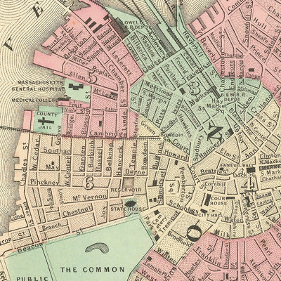 Old Street Map of Boston by Colton, 1866: Boston Common, State House, Boston Harbor, Cambridge, Charlestown
