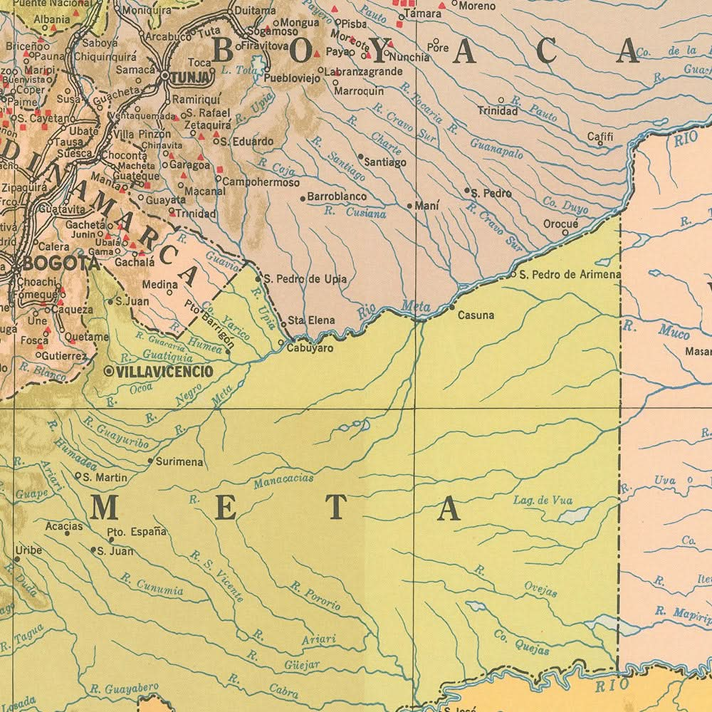 Mapa antiguo de Colombia, 1939: regiones cafeteras, Andes, Bogotá, Medellín, ferrocarriles