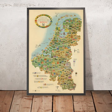 Vecchia mappa turistica illustrata del Benelux, 1950: ottimismo post-Seconda guerra mondiale, Bruxelles, Amsterdam, Reno, mulini a vento 