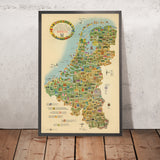 Antiguo mapa turístico pictórico de Benelux, 1950: optimismo de posguerra, Bruselas, Ámsterdam, Rin, molinos de viento 