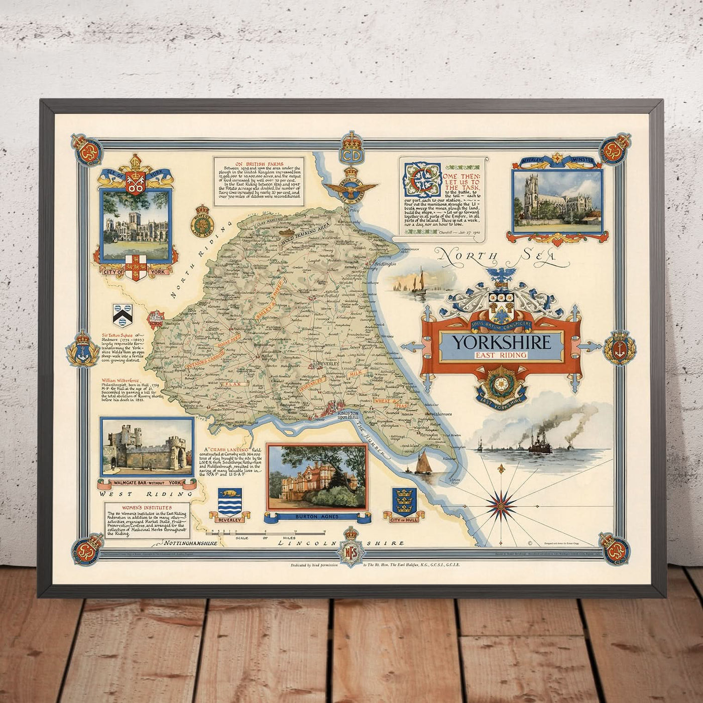 Mapa ilustrado antiguo de East Riding de Clegg, 1946: Hull, Beverley, Segunda Guerra Mundial, Walmgate Bar, Compass Rose