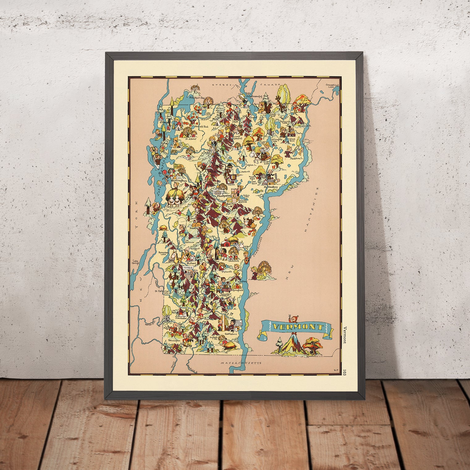 Mapa pictórico de Vermont de Ruth Taylor White, 1935: Burlington, Mont ...