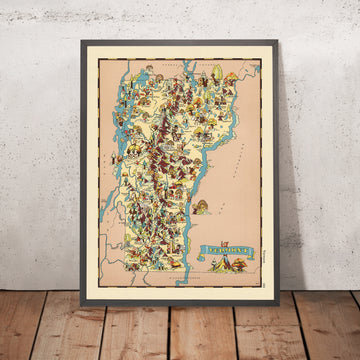 Mappa Pittorica del Vermont di Ruth Taylor White, 1935: Burlington, Montpelier, Rutland, Confini della Contea, Produzione di Sciroppo d&