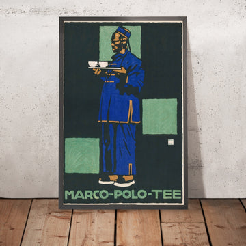 A framed image of Marco Polo Vintage Tea Poster by Ludwig Hohlwein, 1910