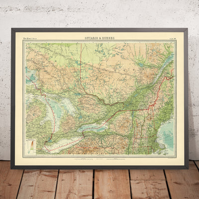 Old Map of Ontario & Quebec by Bartholomew, 1922 Toronto, Montreal, St. Lawrence River, Great Lakes