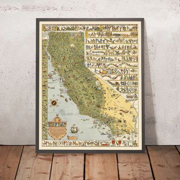 Old Pictorial Map of California by Mora, 1927: LA, SF, Yosemite, Sierra Nevada, Gold Rush