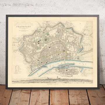 Mapa antiguo de Fráncfort del Meno, Alemania, 1847: Zeil, Römer, Paulskirche, Sachsenhausen, río Meno 