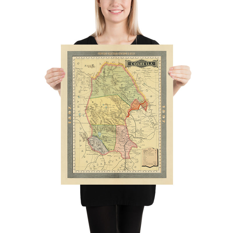 Antica mappa del Coahuila di García y Cubas, 1897: Saltillo, Torreón, Monclova, ferrovie, Rio Grande 