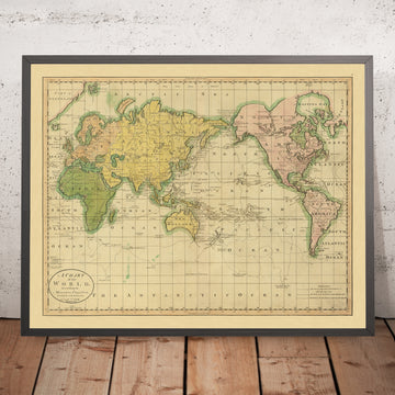 Vecchia mappa del mondo di Mercatore che mostra le scoperte del Capitano Cook di Carey, 1814: Pacifico centrato 