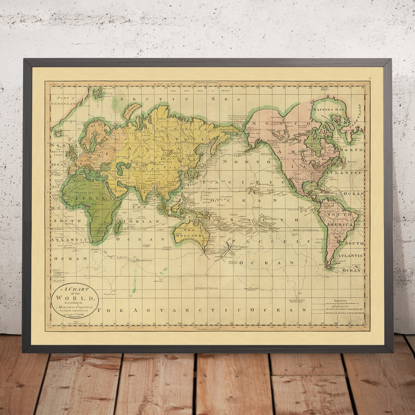 Old Mercator World Map Showing Discoveries of Capt. Cook by Carey, 1814: Pacific Centred