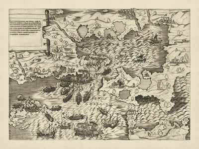 Antiguo mapa naval de la batalla de Preveza de Salamanca, 1540: Ambracia, Actium, Victoria otomana, Templo de Apolo