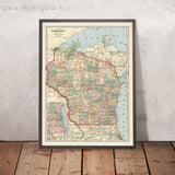 Alte Eisenbahnkarte von Wisconsin von Cram, 1901: Milwaukee, Madison, Green Bay, Lake Michigan, Mississippi River 
