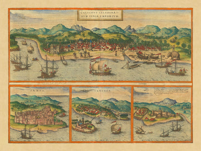 Old Map of Calicut in India by Braun & Hogenberg, 1572: Ormuz, Canonor, El Mina, Ships