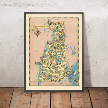 Mappa Pittorica del New Hampshire di Ruth Taylor White, 1935: Manchester, Nashua, Concord, Laghi, Montagne 